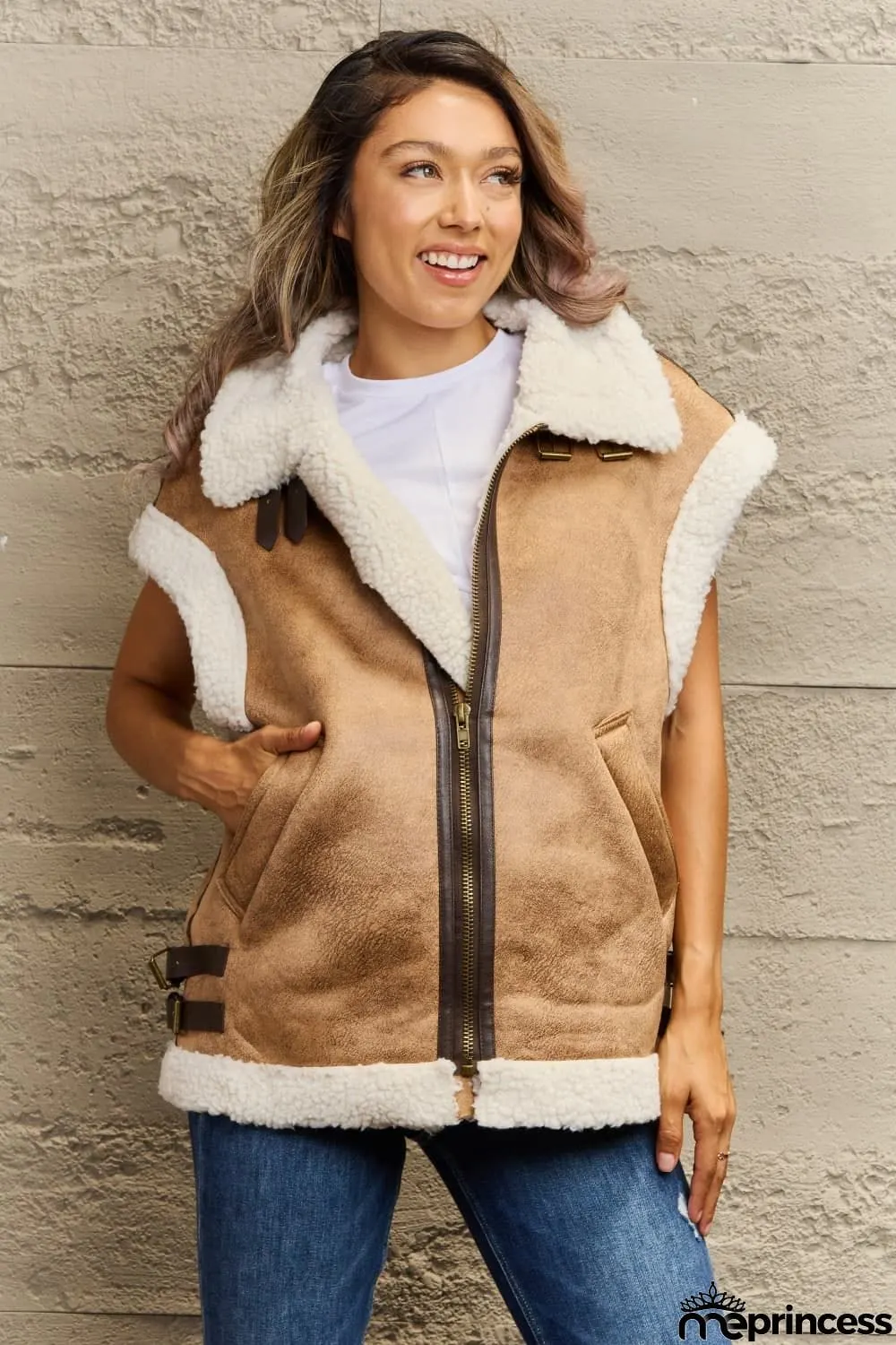 Collared Zip-Up Suede Sherpa Vest