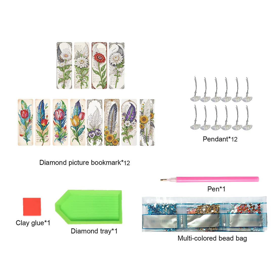 12Pcs Feathers and Flowers DIY Diamond Painting Bookmarks for Reading Enthusiast