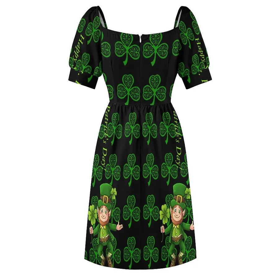 SFNEEWHO St Patricks Day Saint Patrick Pants Dress Women Boho High Waist  Flared Puff Sleeve Cute Sweetheart Midi Dress