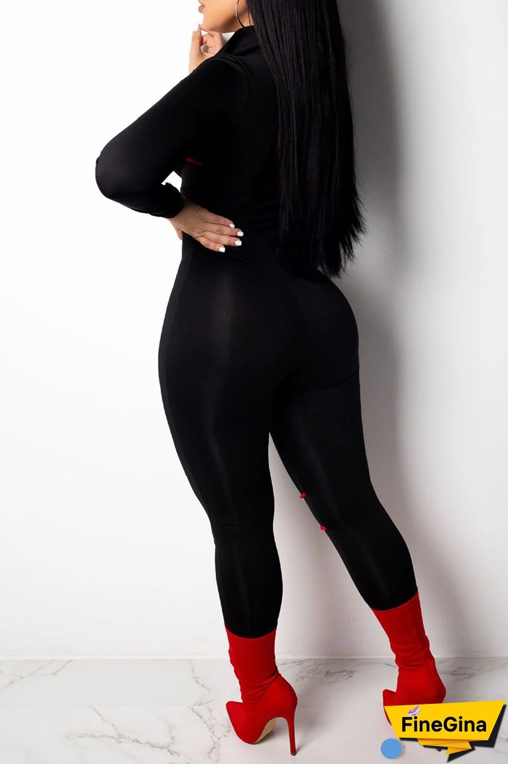 Burgundy Elastic Fly Long Sleeve Mid Print Skinny Pants Jumpsuits & Rompers