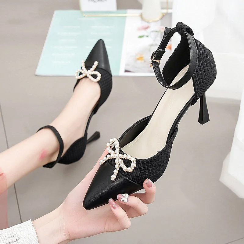 Women Sexy Pearl Bowknot Pumps 2022 New Ankle Strap Thin High Heels Party Shoes Woman Spring Summer Pointed Toe Sandals