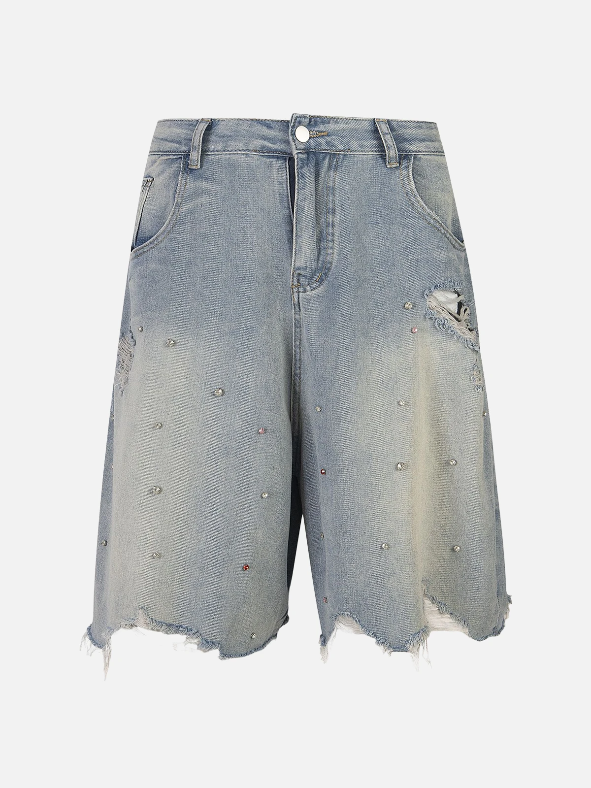 Blue Distressed Washed Rhinestone Application Jorts Front