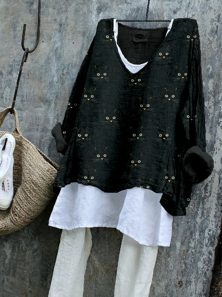 Cute Cat Face Pattern Cozy Flowy Tunic