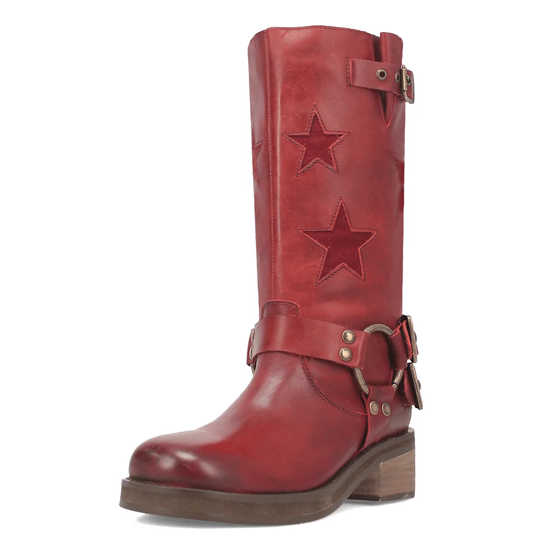 Maroon Vegan Leather Round Toe Star Inlay Studded Buckle Cowgirl Boots