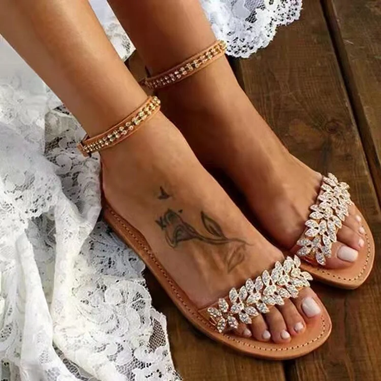 Women Rhinestone Casual Flat Boho Wedding Sandals