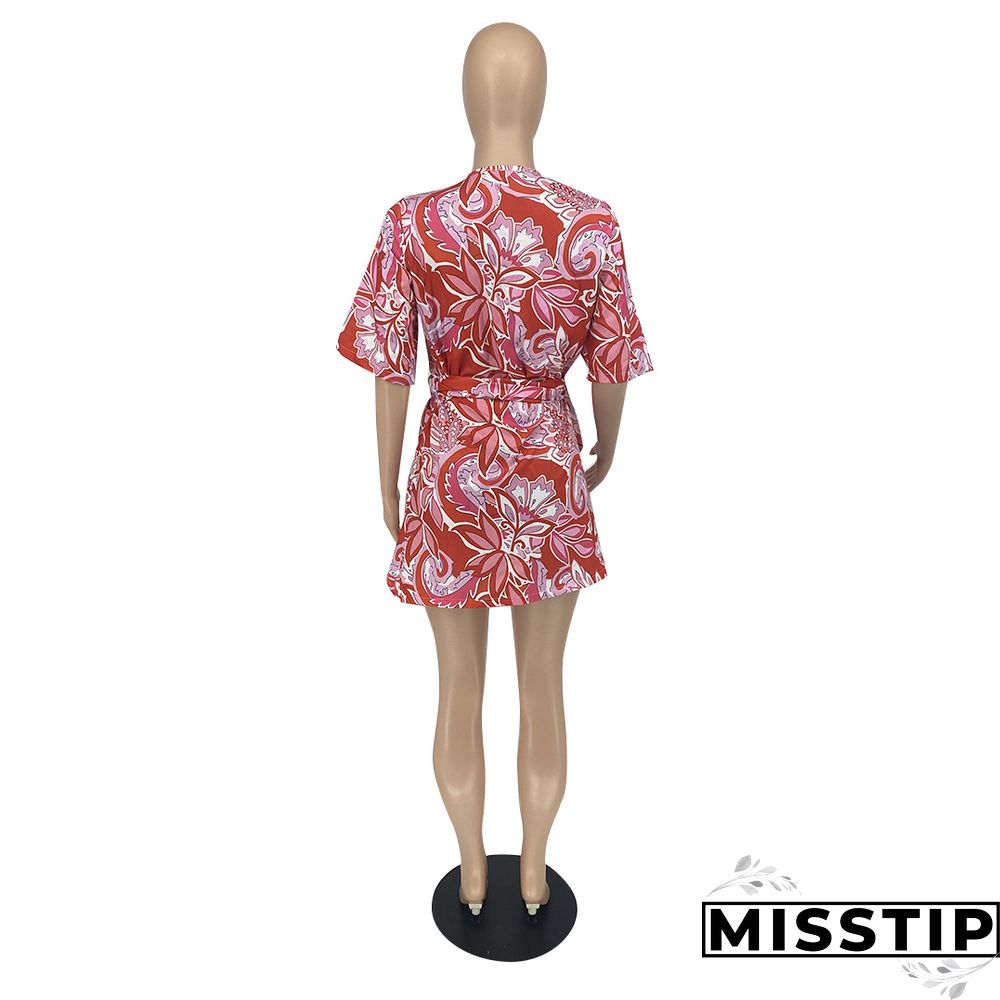 Summer Sexy Women Print Floral Short Sleeve Neck Lace Shirt Line Beach Party Mini Dress ##