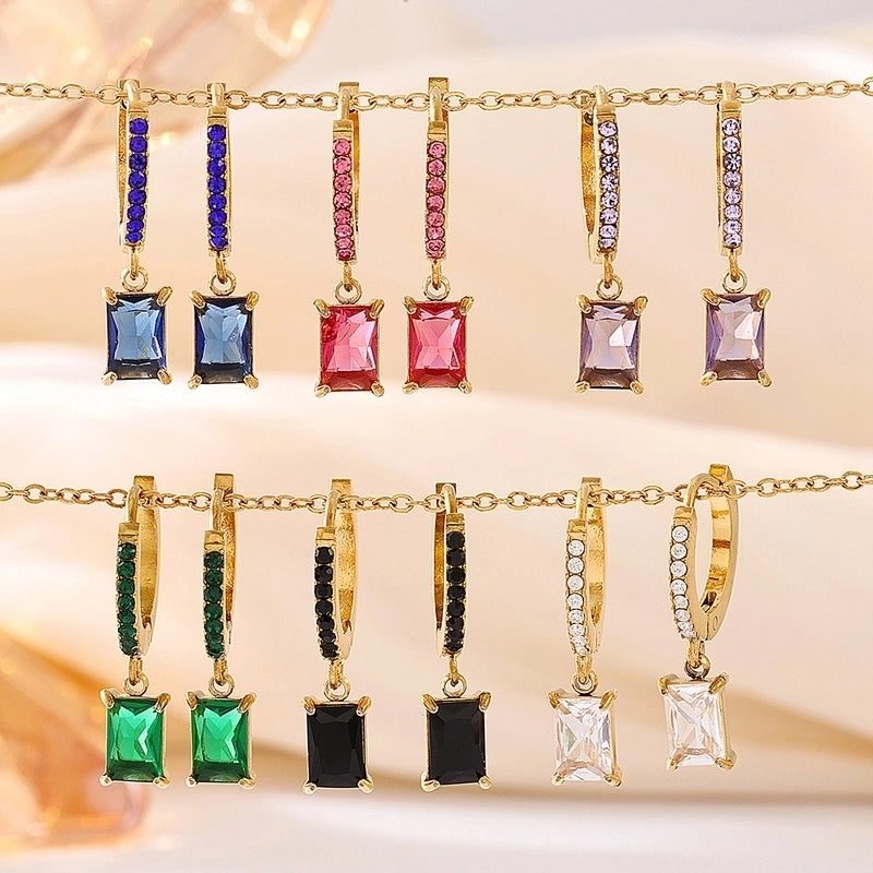 1 Pair Elegant Vacation Rectangle Inlay 304 Stainless Steel Zircon 18K Gold Plated Drop Earrings