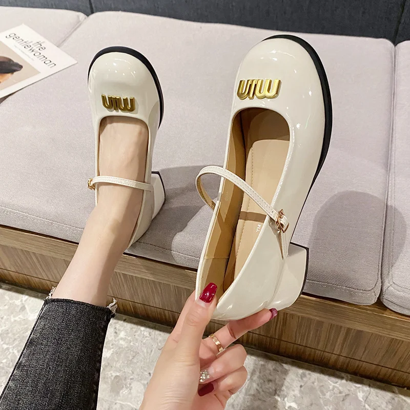 Churchf Churchf Jane Shoes Round Head Shallow Mouth High Heels Retro Casual Small Leather Shoes Thick Heel Single Shoes Women