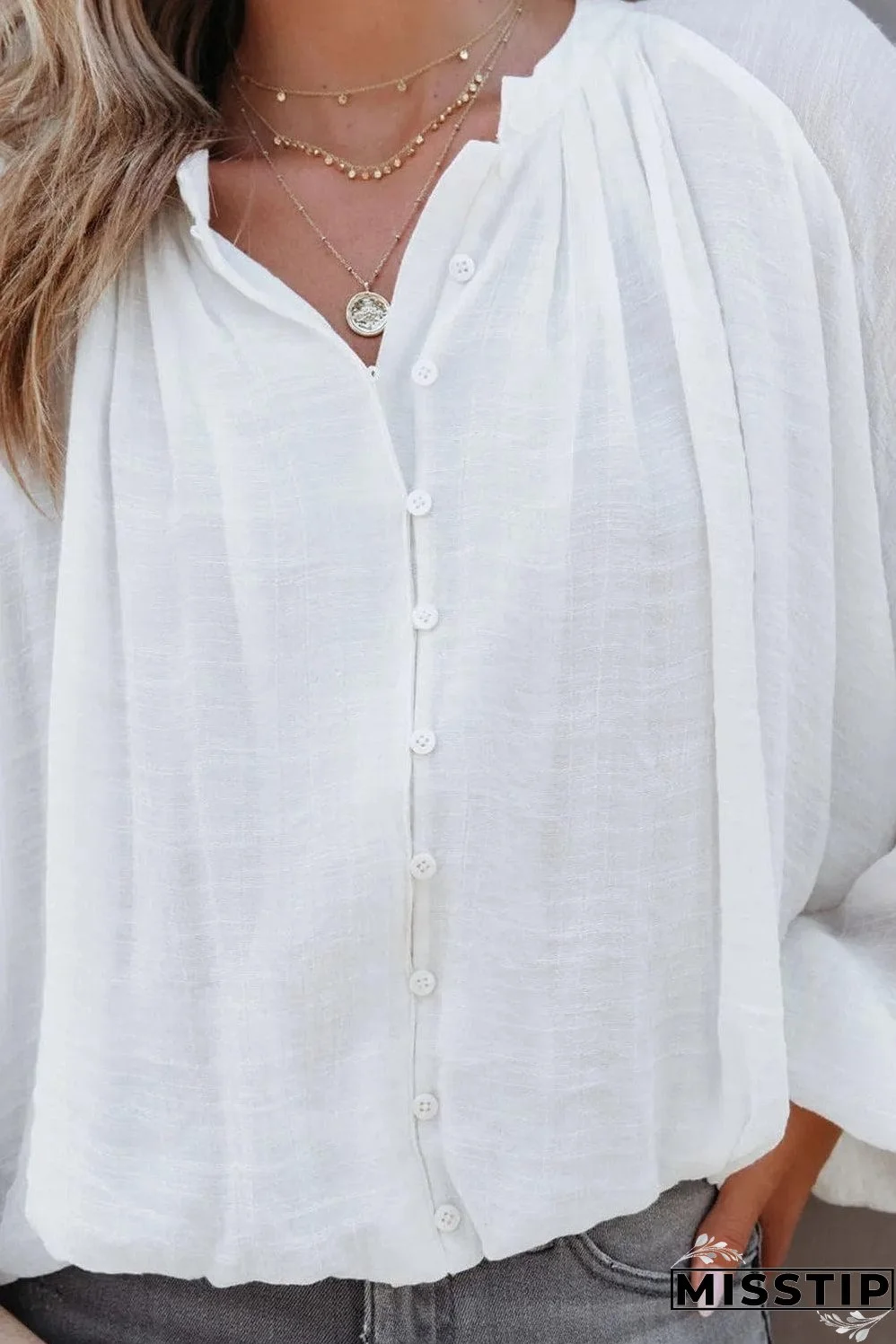 White Solid Color V Neck Balloon Sleeve Shirt