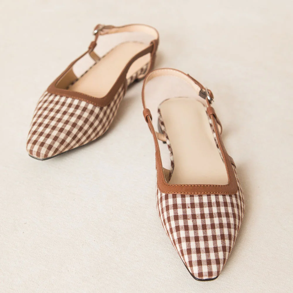 Brown & White Plaid Square Toe Slingback Flat Shoes for Women