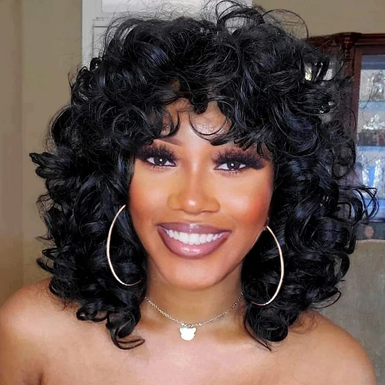 Daily Black Small Short Curly Fluffy Hair Wigs
