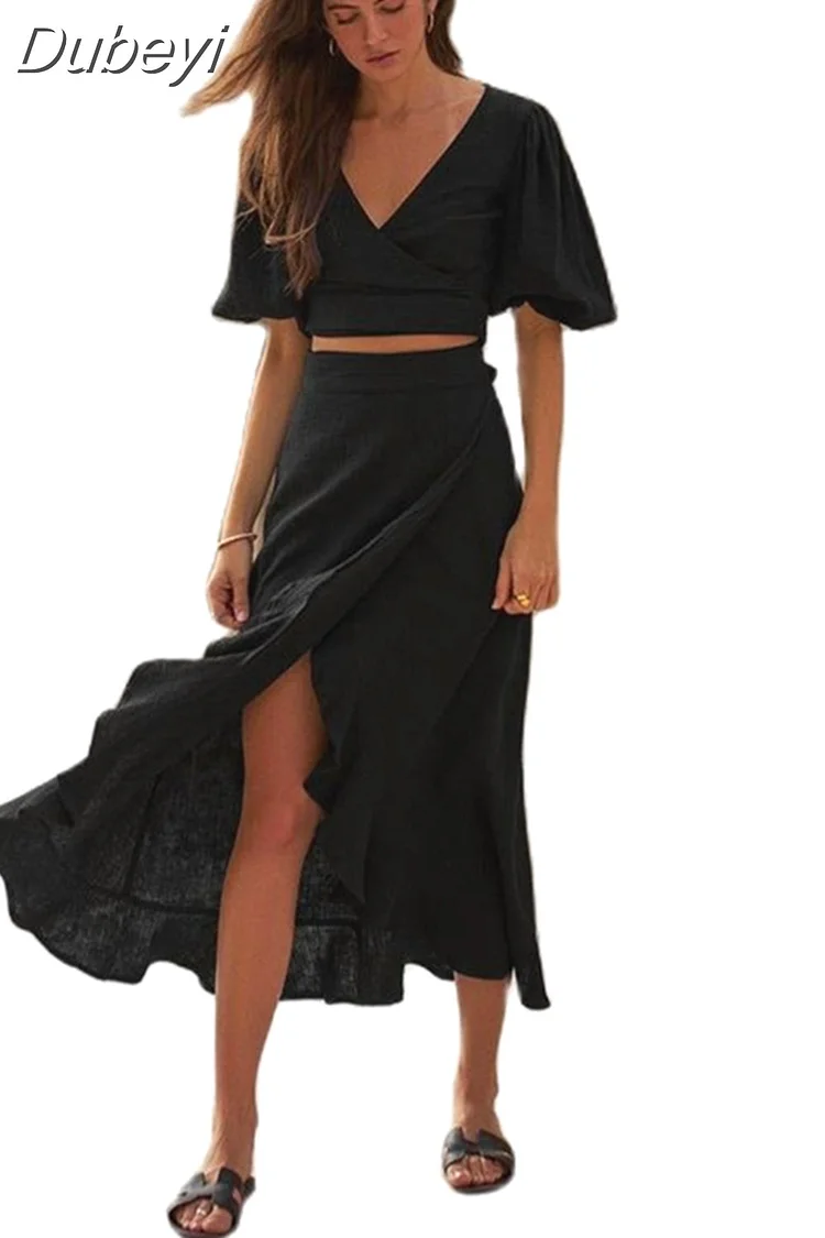 Dubeyi Sexy Split Long Skirts Elegant Crop Top Puff Sleeve Tops High Waist Wrap Skirts Two Piece Sets 2023 Summer Casual Outfits