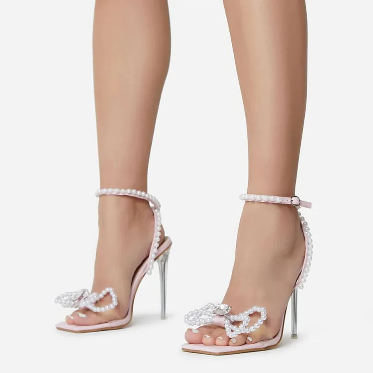 Pearls Ankle Strap Sandal Square Toe Clear Heels Elegant Bow Shoes |FSJ Shoes
