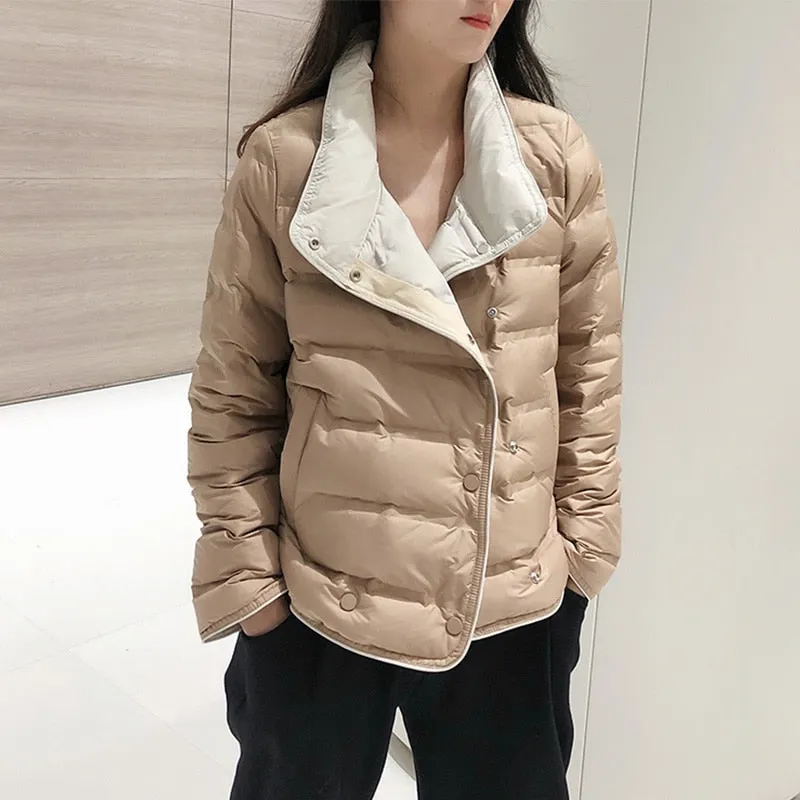 Ailegogo Winter Women Stand Collar Ultra Light Short Down Coat 90% White Duck Down Warm Single Breasted Jacket Lady Snow Outwear