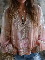 Women's Vintage Boho Pink Roses Embroidered Comfy Linen Shirt