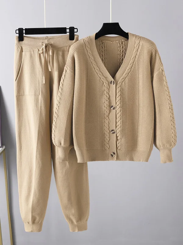 Casual Roomy Pure Color Long Sleeves V-Neck Cardigan Tops& Drawstring Pants Suits