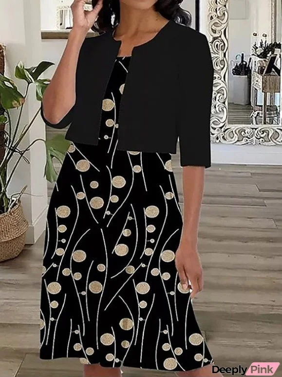 Women's Dresses Vintage Print Mid Sleeve Jacket Two Piece Dress
