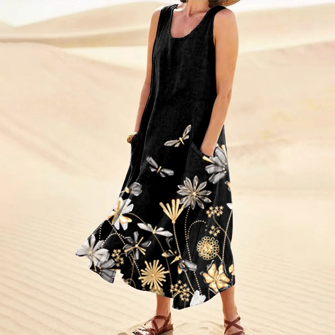 Women  Deep V-neck Midi Dress Summer Beach Sundress Printed Sleeveless Casual Daliy Boho Long Maxi Dress Vestidos De Verano