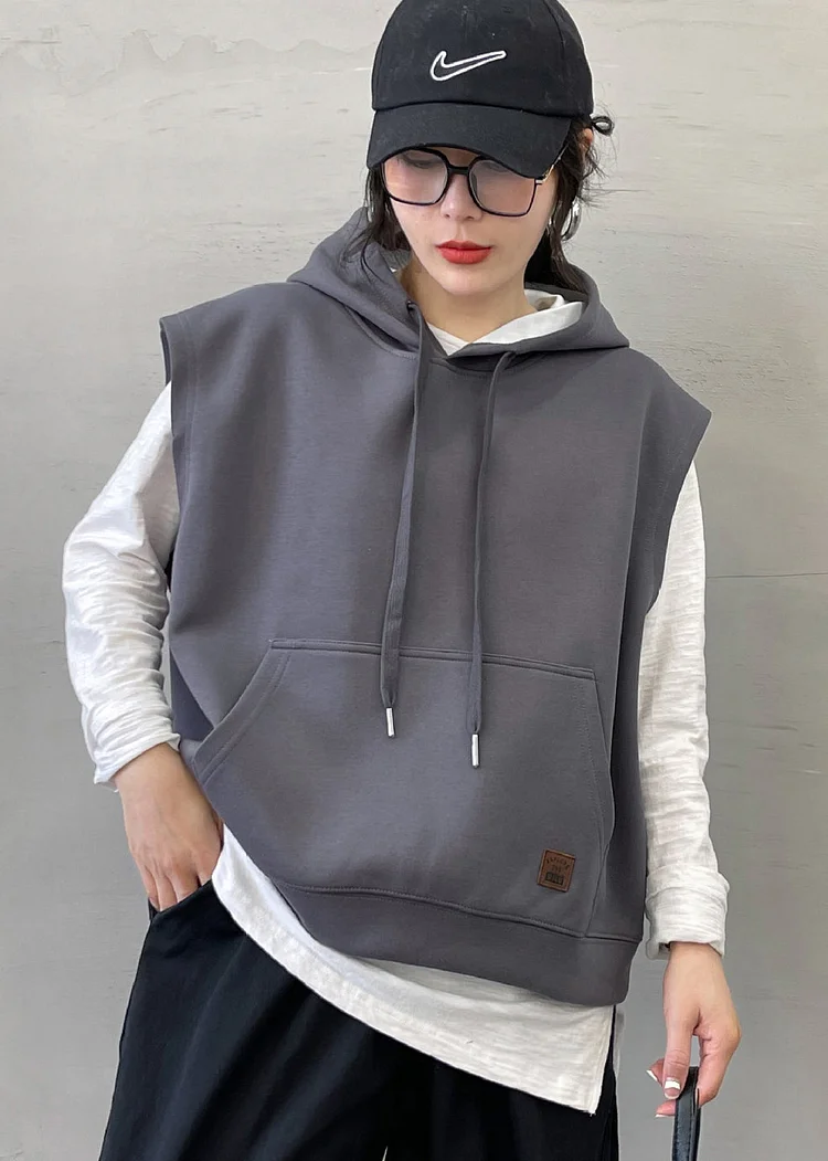Modern Grey drawstring Cotton Pullover Vest Sleeveless