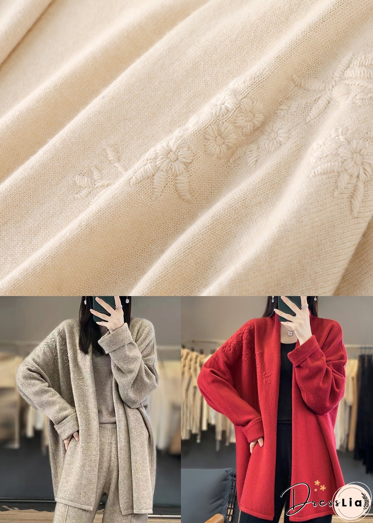 Loose Red V Neck Embroideried Cashmere Cardigan Top Fall