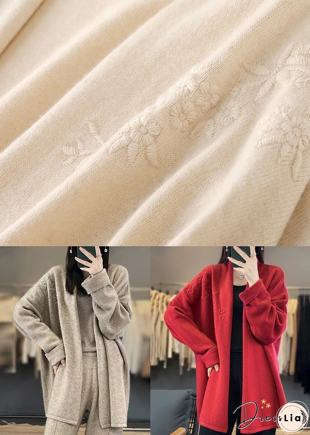 Loose Red V Neck Embroideried Cashmere Cardigan Top Fall