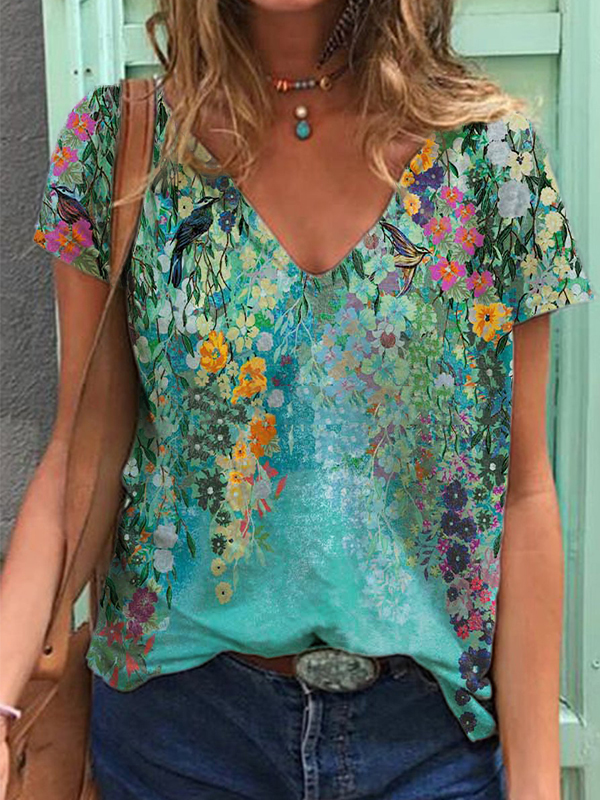 Green Floral Art Print Short Sleeve T Shirt  artssus