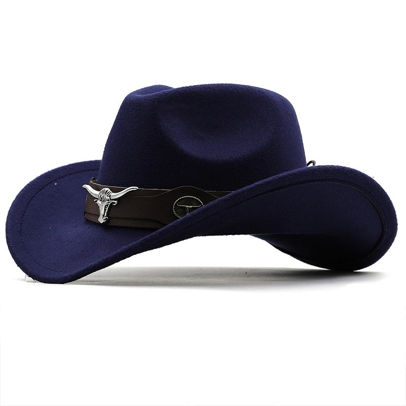 Simple Brim Hat Woolen Jazz Hat British Style Top Hat Cow Head Belt Solid Color Western Cowboy Hat