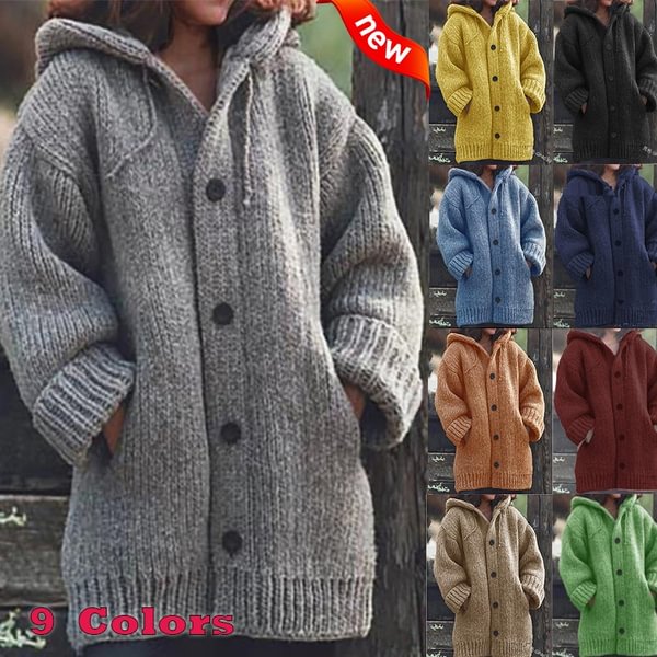Women Fashion Mid-length Button Up Knitted Cardigan Jackets Ladies Casual Autumn and Winter Hooded Sweater Coats Strickjacke Damen