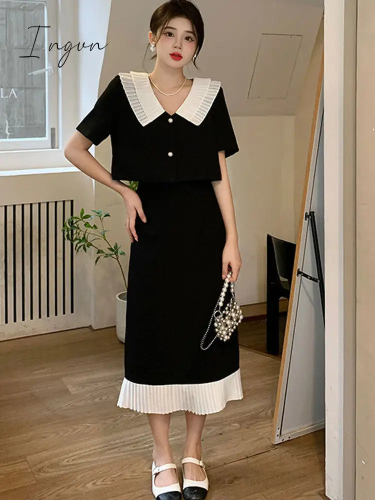 Ingvn - Summer Elegant Women Skirt Sets Retro Office Lady Outifits Puff Sleeve Black Top Skirts Set