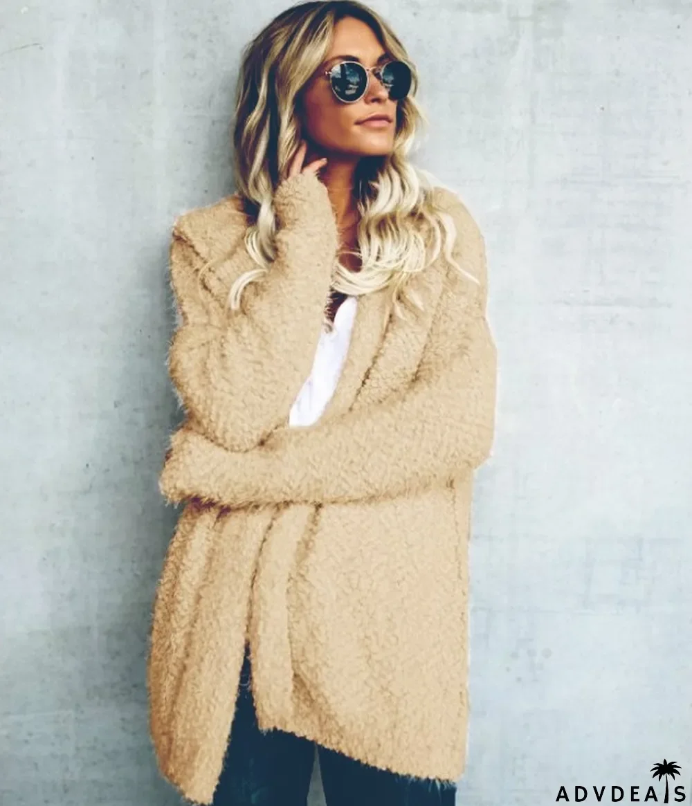 Autumn and winter women's fleece hooded cardigan top coat