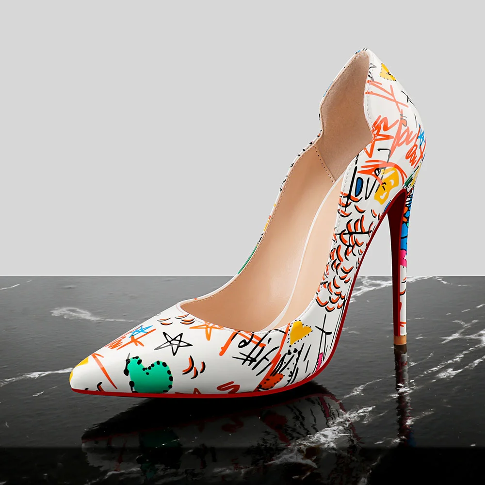 100mm/120mm Women's Pointed Toe V-Cut Shaped Graffiti Print Pumps Red Bottom High Heels