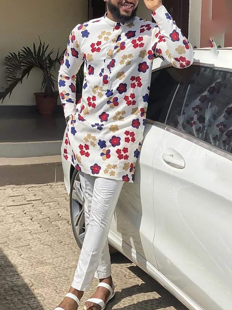 Men's chic casual white floral print two-piece suit