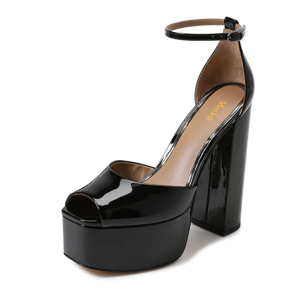Patent Leather Peep Toe Chunky High Heel Black Platform Sandals Nicepairs
