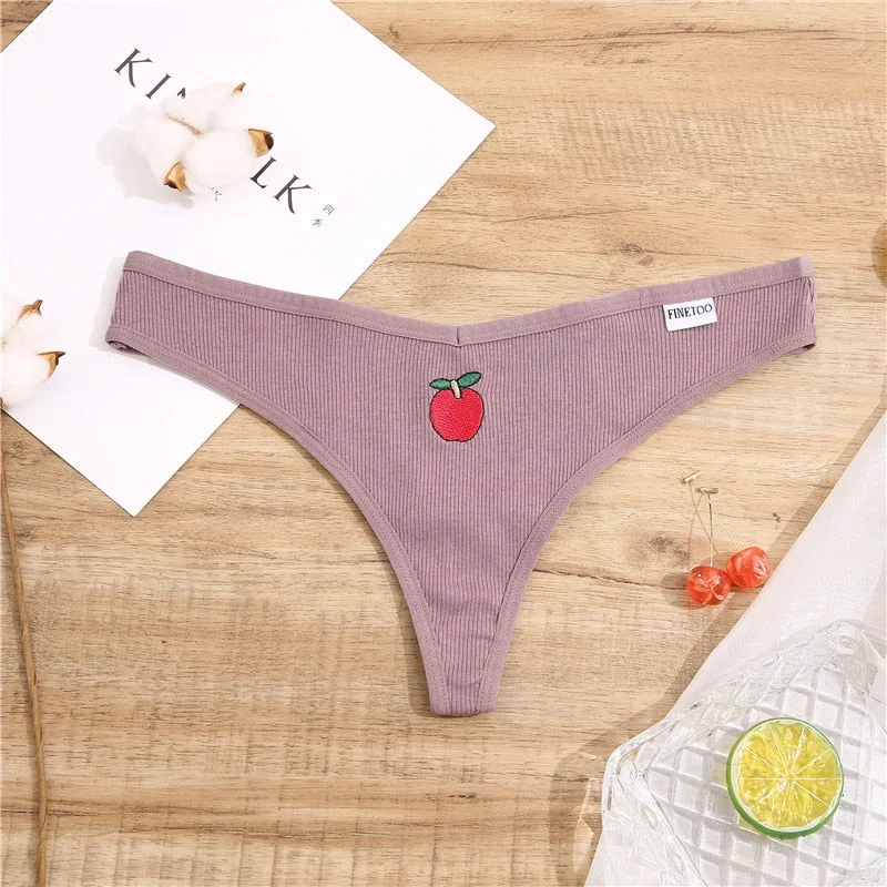 FINETOO Embroidery Sexy Panties Women G-string Cotton Feamle Underwear Low Waist Thong Girl Underpant Pantys Intimates Lingerie