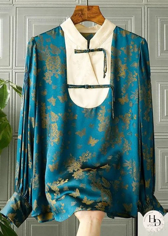 Vintage Blue Stand Collar Patchwork Jacquard Silk Shirt Top Fall