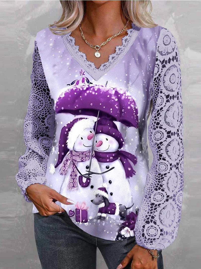 Women Long Sleeve V-neck Snowman Printed Lace Christmas Tops
