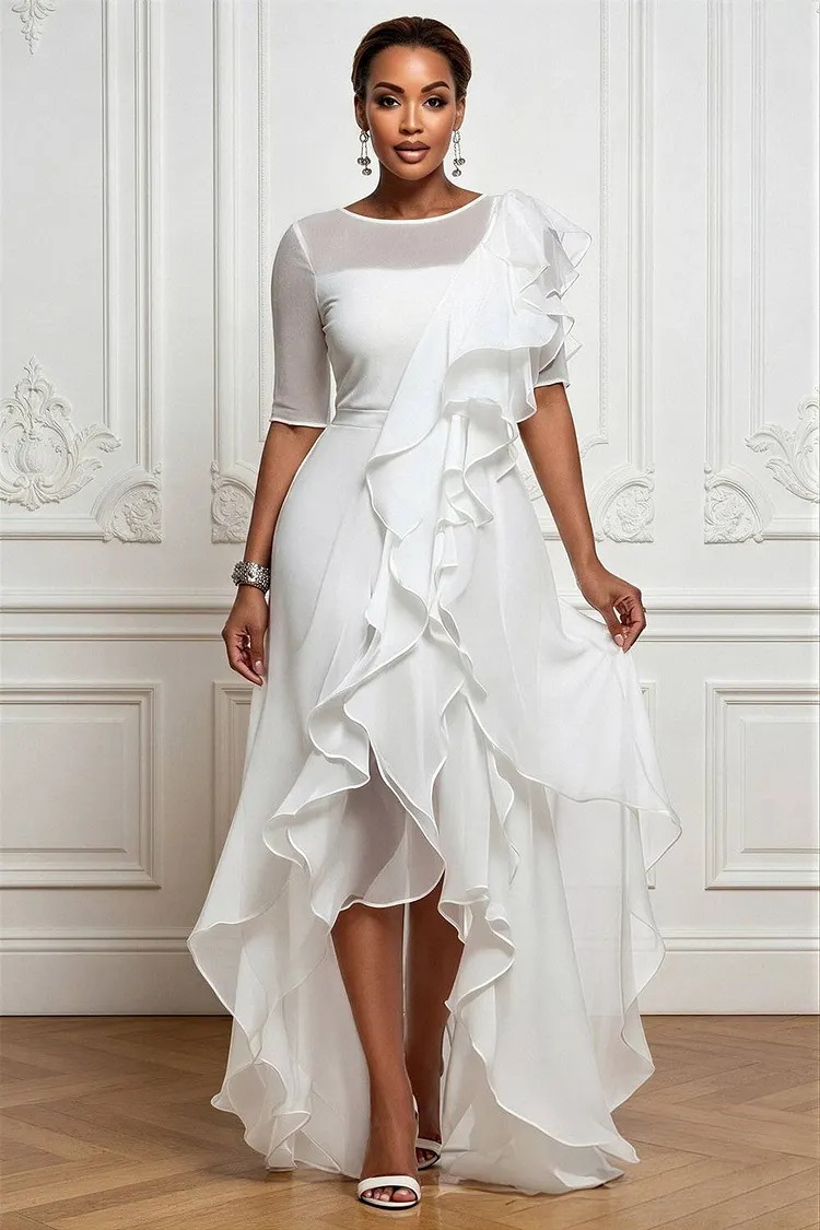 Xpluswear Design Plus Size Wedding White Round Neck Short Sleeve Ruffle Split Chiffon Maxi Dresses [Pre-Order] 2024 - Xpluswear