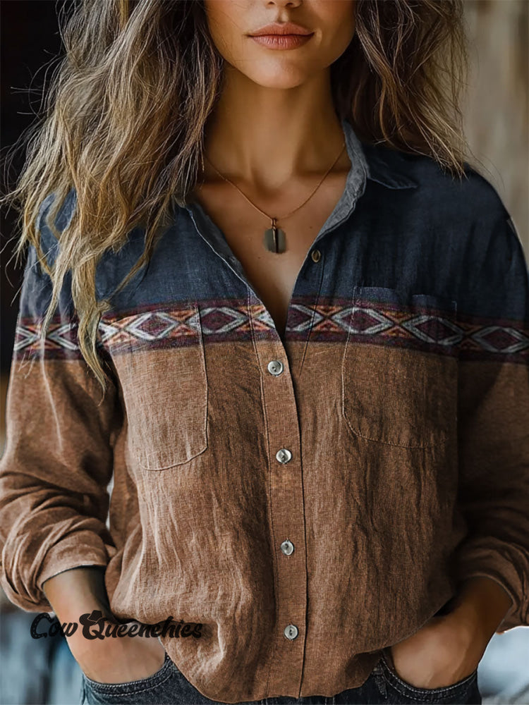 Women’s Vintage Art Print Casual Long Sleeve Comfortable Cotton Shirt Multicolor / S