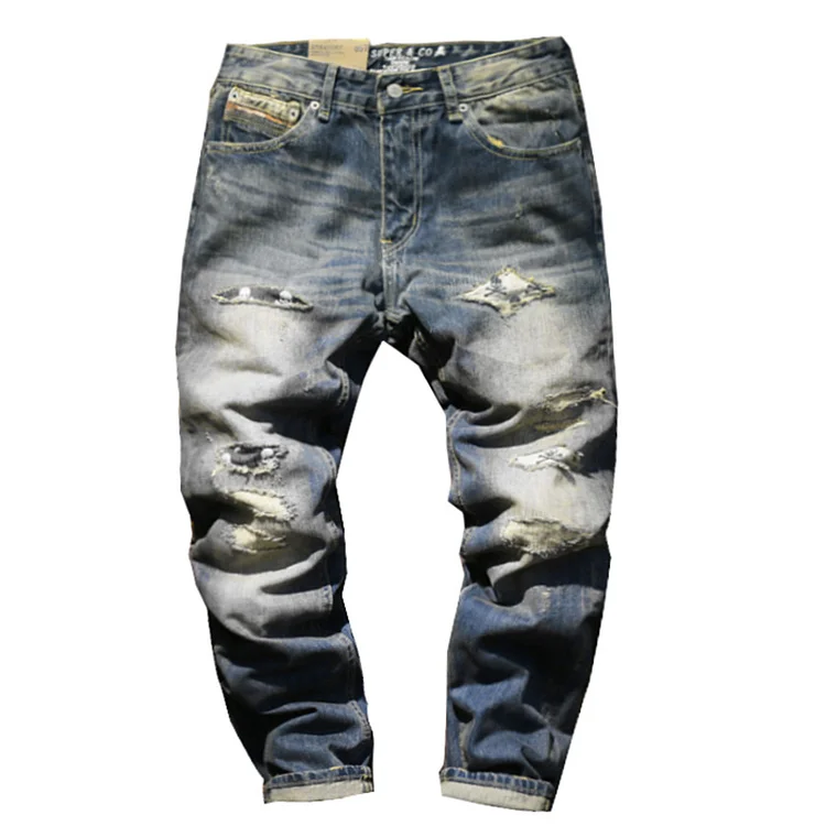 Retro Embroidered Skull Patch Slim Fit Ripped Jeans