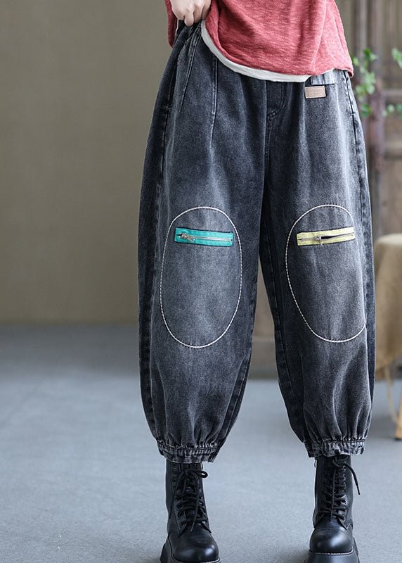 Natural Black Casual Elastic Waist Pockets Fall Denim Pants CK2614- Fabulory