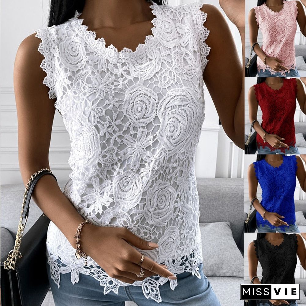 Women Sexy Lace T-Shirt Summer Fashion Jacquard Sleeveless Slim Casual Tee Y2K Vintage Floral Vest Camisole Halter Top Plus Size