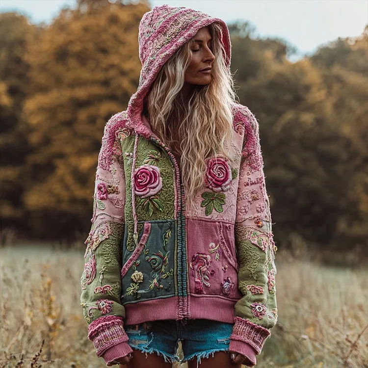 Women's Vintage Fabric Embroidered Patchwork Hoodie