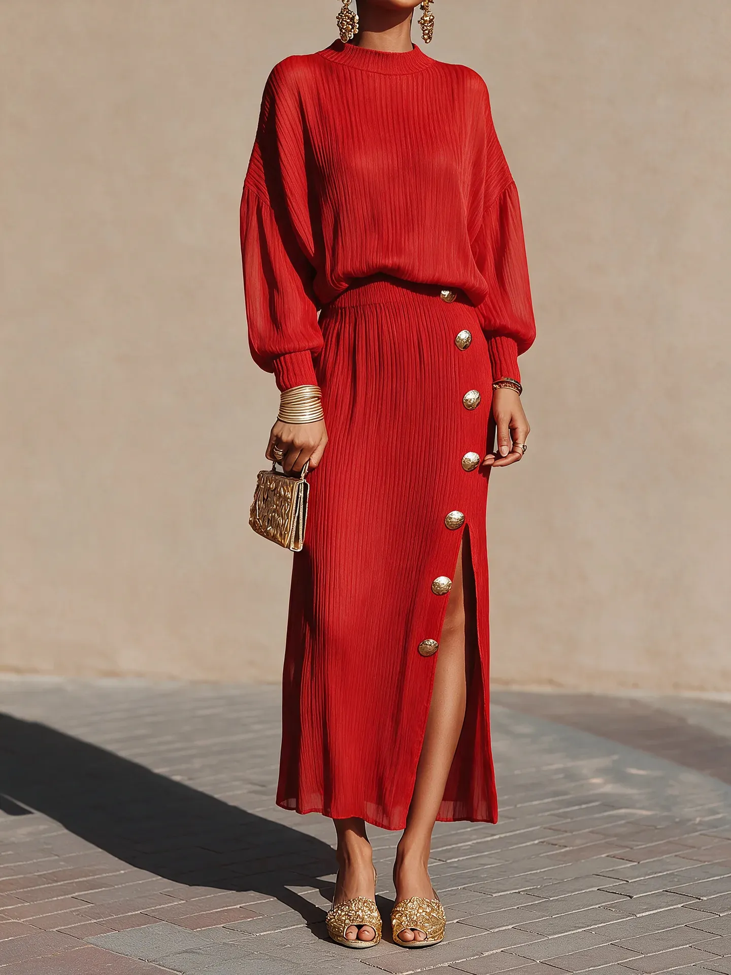Women's Long Sleeve Mock Neck Top and High Slit Midi Skirt Set