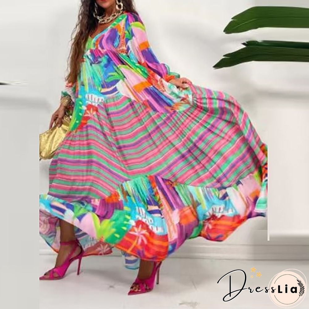 Women Vintage Bohemian Printed Long Dress Autumn Casual Half Sleeve V Neck Loose Dress Ladies Fashion Draped Big Hem Dresses New
