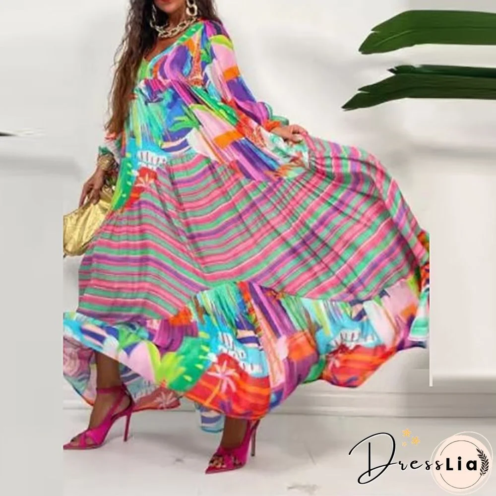 Women Vintage Bohemian Printed Long Dress Autumn Casual Half Sleeve V Neck Loose Dress Ladies Fashion Draped Big Hem Dresses New