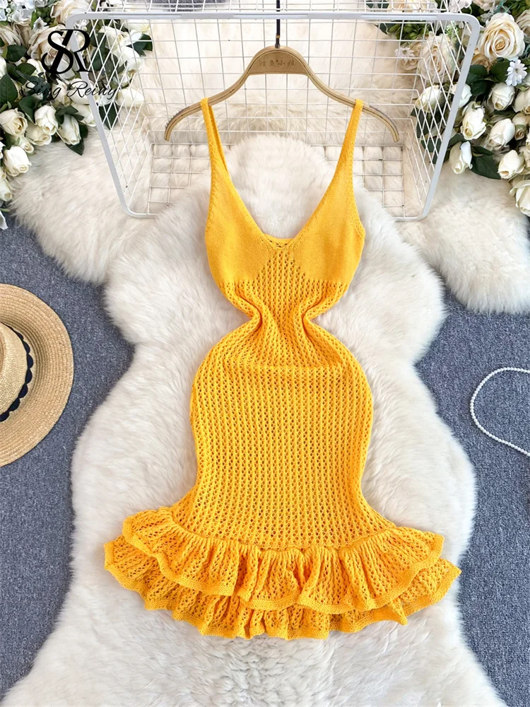 Huibahe Summer Hollow Out Sexy Dress American INS Strap Slim Fit Ruffles Bodycon Design Solid V-Neck Sleeveless Knitted Dress