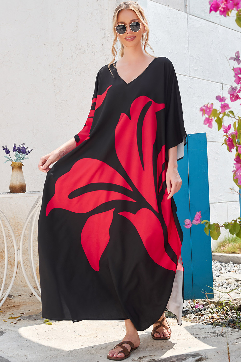 Plus Size Vacation Black Floral Print Batwing Sleeve Side Slit Maxi Dress 2024 - Flycurvy 