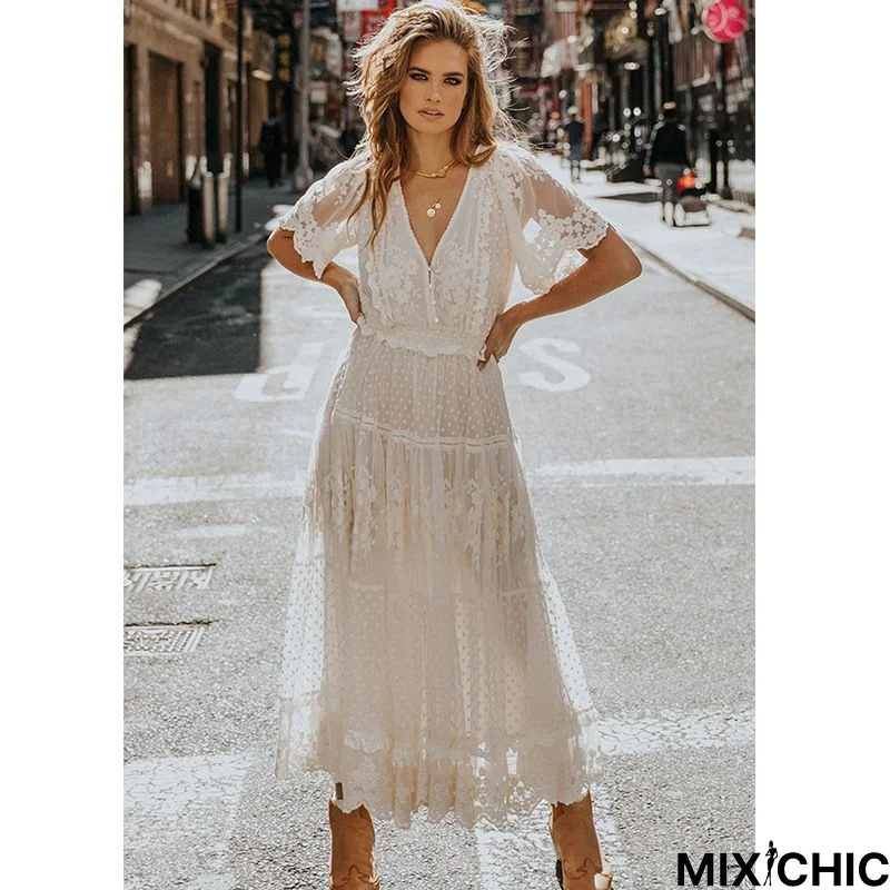 V-Neck Short Sleeve Lace Dress White Dresses