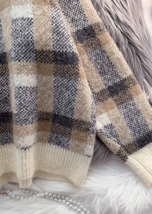 Women beige crane tops warm plus size plaid knit sweat tops