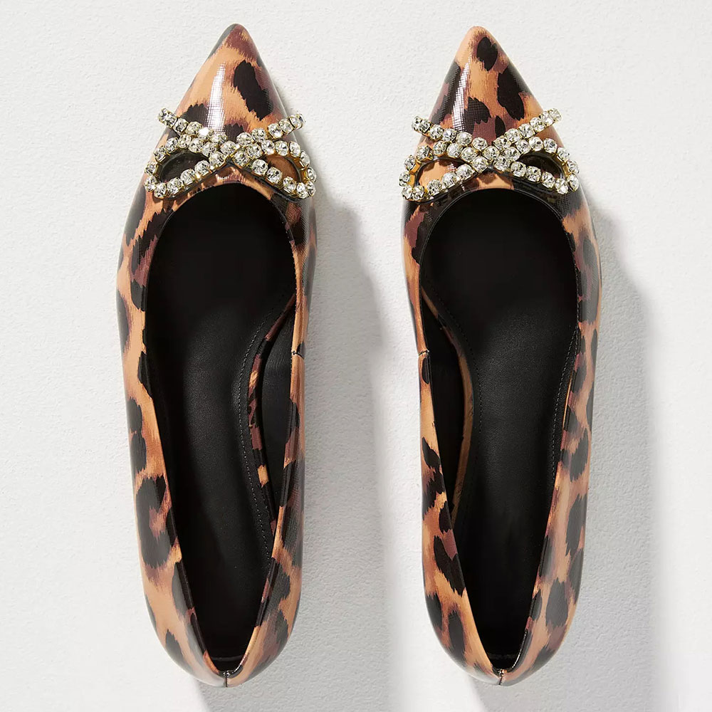 Brown Leopard Print Vegan Leather Pointed Toe Flats with Bow Nicepairs